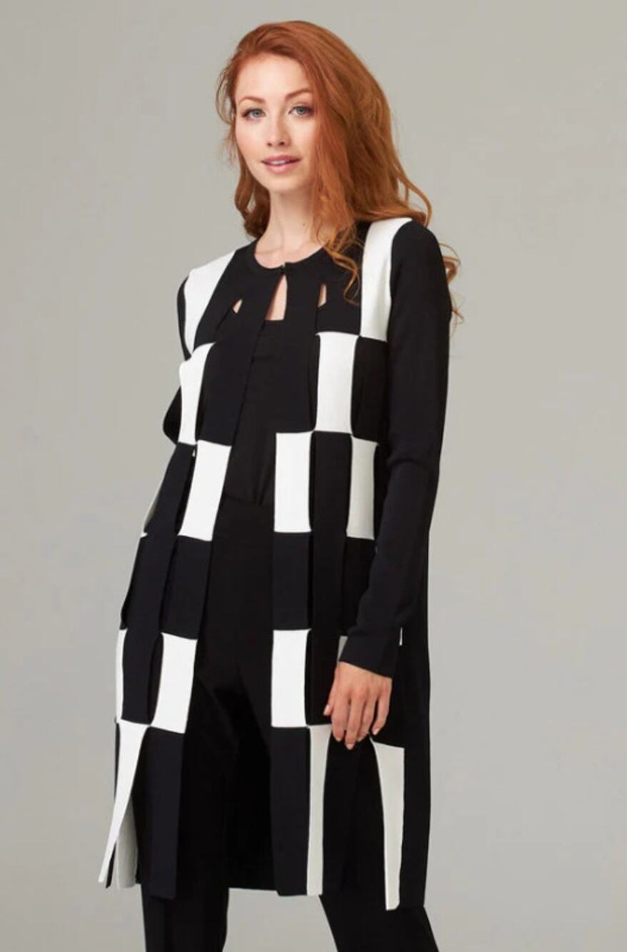 JOSEPH RIBKOFF Open Front Panel Midi Sweater Cardigan Black and White Women's M